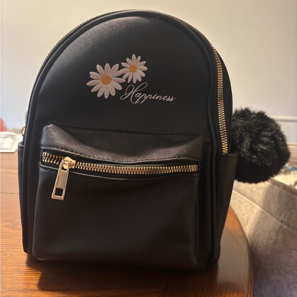 Black Backpack with Daisy Embroidery
